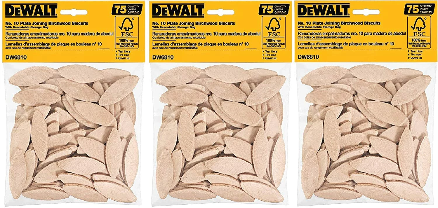 DEWALT DW6810 No. 10 Size Joining Biscuits. Sold as 3 Pack, 225 Pieces Total 1 DEWALT DW6810 No. 10 Size Joining Biscuits. Sold as 3 Pack, 225 Pieces Total