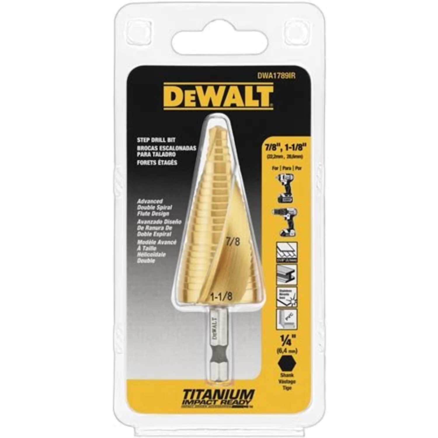 DeWalt DWA1789IR 7/8"-1-1/8" Impact Ready Step Drill Bit 2 DeWalt DWA1789IR 7/8"-1-1/8" Impact Ready Step Drill Bit - Image 2