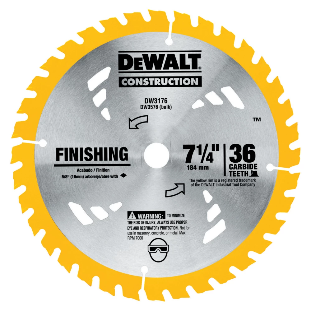 DeWalt 7-1/4 in. x 36T Thin Kerf Carbide Tipped Finishing Blade 1 DeWalt 7-1/4 in. x 36T Thin Kerf Carbide Tipped Finishing Blade